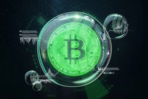 Bitcoin Munt Met Analytics Gegevens Een Zeepbel Elektronisch Geld Blockchain — Stockfoto