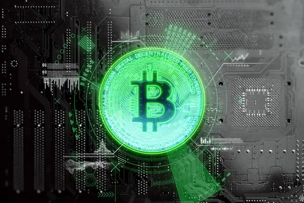Creatieve Achtergrond Bitcoin Gouden Munt Achtergrond Van Microcircuits Elektronisch Geld — Stockfoto