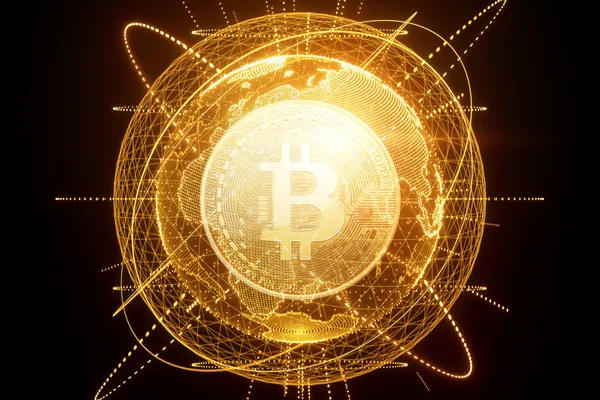 Creatieve Achtergrond Bitcoin Gouden Munt Elektronisch Geld Blockchain Transfer Concept — Stockfoto