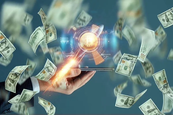 Bitcoin Den Händen Eines Geschäftsmannes Elektronisches Geld Das Konzept Des — Stockfoto