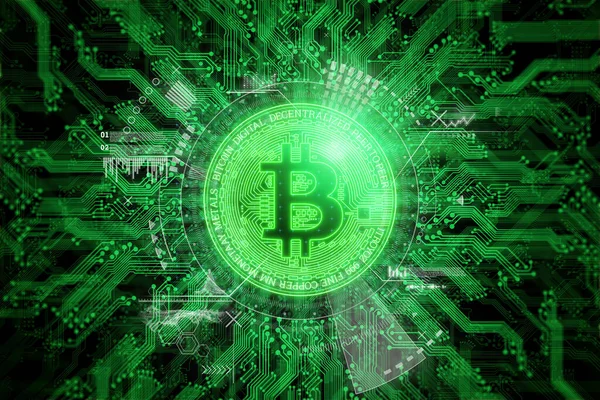Yaratıcı Arka Plan Mikro Devrelerin Arka Planında Hologram Yeşil Bitcoin — Stok fotoğraf