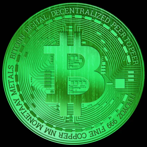 Holograma Moneda Bitcoin Verde Sobre Fondo Negro Aislar Fondo Creativo — Foto de Stock