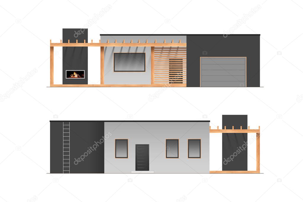 The facade of a one-storey Eco-house, a hi-tech cottage, minimalism with windows. Eco-friendly house concept, modern style. 3D render, 3D illustration