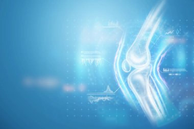 Yaralı bir dizin röntgeni, eklemlerin hologramı, dizin yapısı. Röntgen görüntüsü, travma, romatolog muayenesi, iskelet görüntüsü, geleceğin tıbbı. 3B illüstrasyon, 3B canlandırma