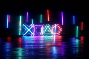Oyun tuşları olan parlak neon arka plan, üçgen çember kare çapraz. Modern oyun tasarımı. Online oyunlar, e-sporlar, bilgisayar oyunları, eğlence. 3B görüntüleme, 3B illüstrasyon