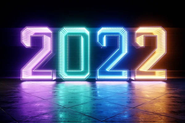 Gelukkig Nieuwjaar Neon Nummers 2022 Schitteren Fel Feestelijke Ultraviolette Achtergrond — Stockfoto