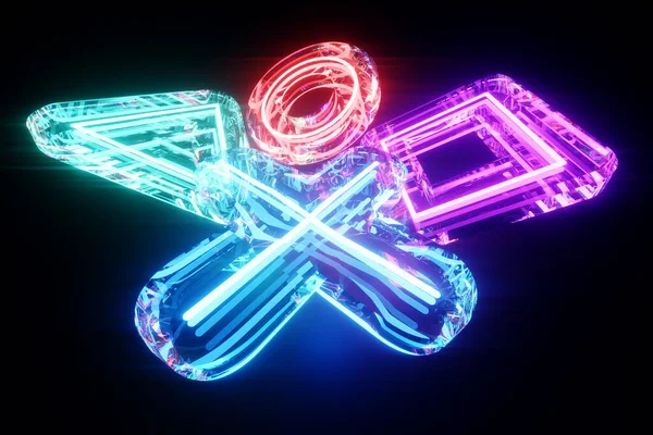 Háromszög Kör Négyzet Keresztöltés Üveg Neon Gombok Neon Gamer Háttér — Stock Fotó