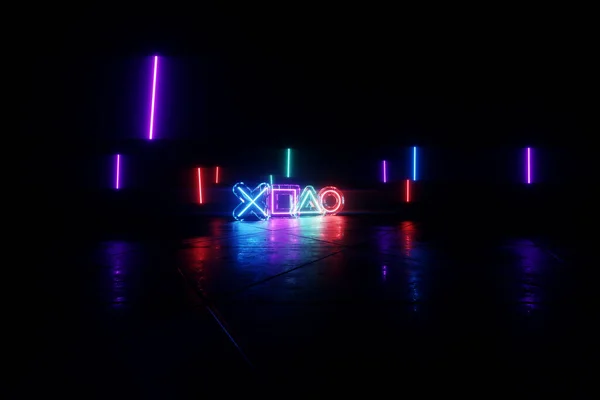 Ljus Neon Bakgrund Med Spelknappar Triangel Cirkel Fyrkantig Kors Gaming — Stockfoto