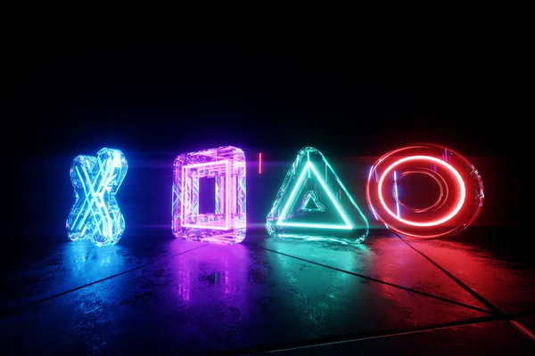 Fundo Néon Brilhante Com Botões Jogo Triângulo Círculo Quadrado Cruz — Fotografia de Stock