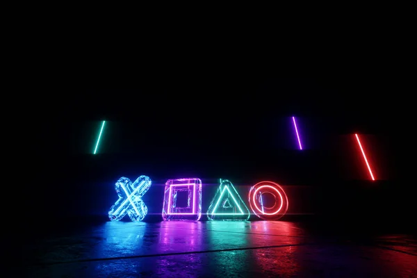 Bright Neon Background Gaming Buttons Triangle Circle Square Cross Gaming — Fotografia de Stock