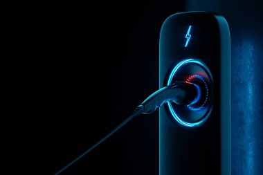 Arka planda elektrikli bir araba için şarj istasyonu. Güç istasyonu, neon, yeşil teknoloji, gelecek, kopyalama alanı. 3B görüntüleme, 3B resimleme.