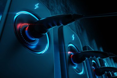 Arka planda elektrikli bir araba için şarj istasyonu. Enerji santrali, yeşil teknoloji, gelecek, kopyalama alanı. 3B görüntüleme, 3B resimleme.