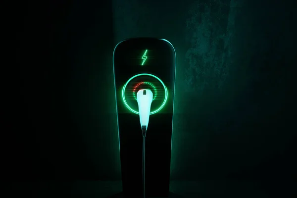 Charging Station Electric Car Dark Background Power Plant Green Technology — Stock fotografie