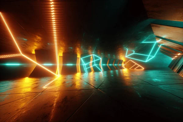 Futuristisk Interiör Grön Gul Neon Abstrakt Bakgrund Ultraviolett Ljus Sci — Stockfoto