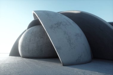 Zarif mimari, minimalizm, modern soyut beton zemin, beton yapılar, kemer tünel, dergi arka planı, duvar kağıdı. 3B görüntüleme, 3D resimleme Boşluğu Kopyala