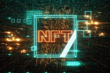 NFT dijital sanat, ödenmeyen jetonlar, engelleme teknolojisi. Kriptografik veri bloğu, koleksiyon, eşsiz parçalar. İade edilemez şifreleme simgesi. 3 boyutlu canlandırma, 3 boyutlu çizim. Boşluğu kopyala