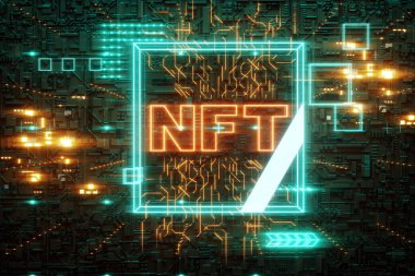 NFT dijital sanat, ödenmeyen jetonlar, engelleme teknolojisi. Kriptografik veri bloğu, koleksiyon, eşsiz parçalar. İade edilemez şifreleme simgesi. 3 boyutlu canlandırma, 3 boyutlu çizim. Boşluğu kopyala