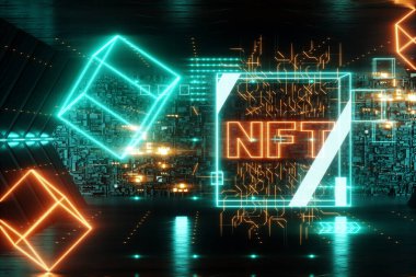 NFT dijital sanat, ödenmeyen jetonlar, engelleme teknolojisi. Kriptografik veri bloğu, koleksiyon, eşsiz parçalar. İade edilemez şifreleme simgesi. 3 boyutlu canlandırma, 3 boyutlu çizim. Boşluğu kopyala