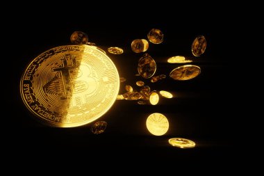 Siyah arka planda izole edilmiş altın bitcoin paralar. Engelleme teknolojisi, kriptografik veri bloğu, geleceğin parası. 3 boyutlu canlandırma, 3 boyutlu çizim. Boşluğu kopyala