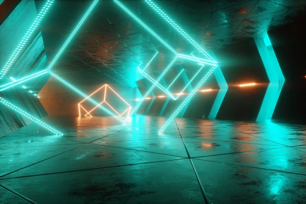Futuristisk Interiör Grön Gul Neon Abstrakt Bakgrund Ultraviolett Ljus Sci — Stockfoto