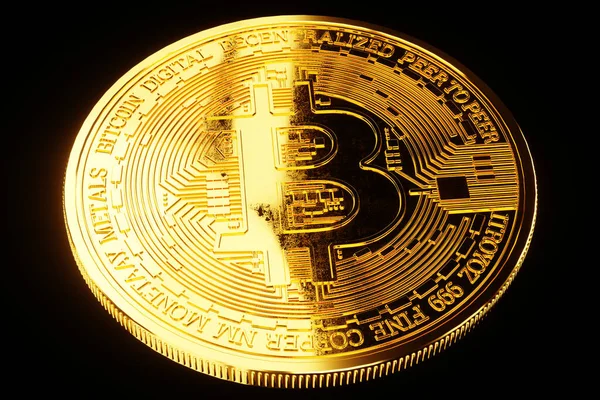 Gold Bitcoin Coins Isolated Black Background Isolate Blockchain Technology Block — Stockfoto