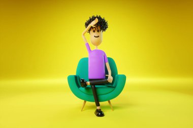 Çizgi filmci sarı arka planda yeşil bir sandalyede oturmaktan yoruldu. Psikiyatrist randevusu, psikolojik sorunlar, diplomasi, sorunlar. Uzayı kopyala, 3 boyutlu görüntüleme, 3 boyutlu resimleme