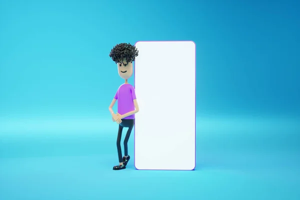 Cartoon Man Stands Next Large Smartphone White Screen Empty Space — Zdjęcie stockowe