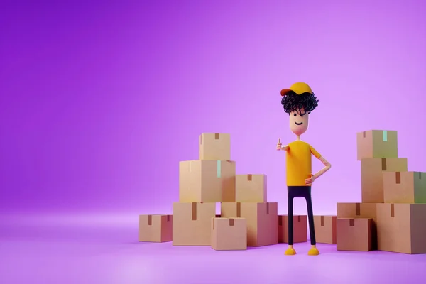 Cartoon Man Stands Cardboard Boxes Moving Assistance Online Shopping Delivery — стоковое фото
