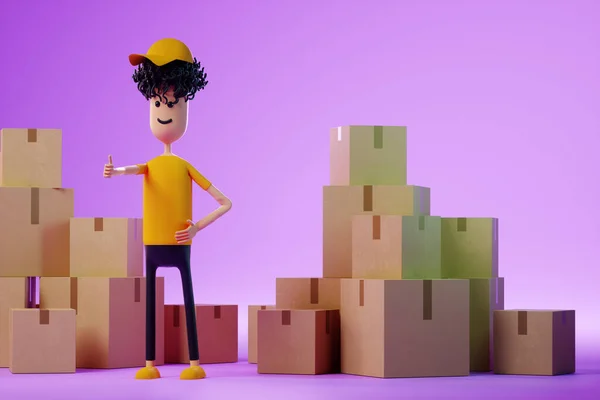 Cartoon Man Stands Cardboard Boxes Moving Assistance Online Shopping Delivery — Stockfoto