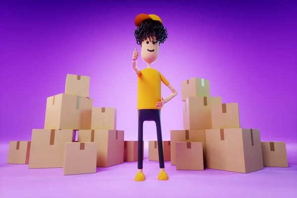 Cartoon Man Stands Cardboard Boxes Moving Assistance Online Shopping Delivery —  Fotos de Stock