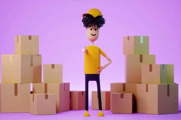 Cartoon Man Stands Cardboard Boxes Moving Assistance Online Shopping Delivery — Photo