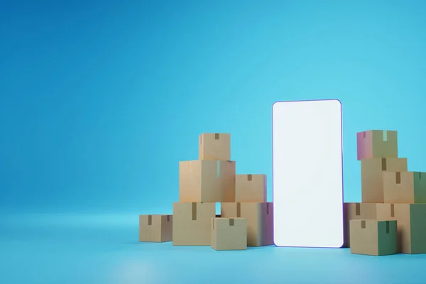 Large Smartphone Blank Screen Stands Next Cardboard Boxes Moving Assistance — стоковое фото