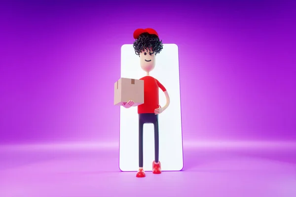 Cartoon Man Stands Cardboard Boxes Next Smartphone Blank Screen Moving — Foto de Stock