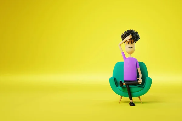 Cartoon Man Tired Sitting Green Chair Yellow Background Appointment Psychiatrist — стоковое фото