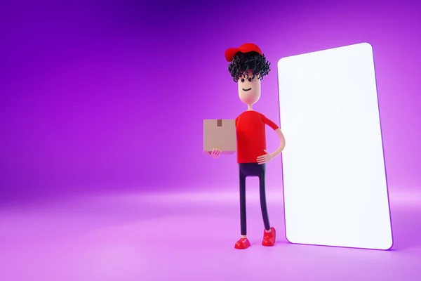 Cartoon Man Stands Cardboard Boxes Next Smartphone Blank Screen Moving — Stockfoto