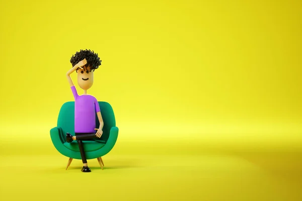 Cartoon Man Tired Sitting Green Chair Yellow Background Appointment Psychiatrist — Stockfoto
