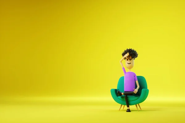 Cartoon Man Tired Sitting Green Chair Yellow Background Appointment Psychiatrist — Foto de Stock