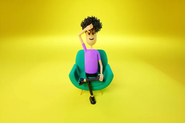 Cartoon Man Tired Sitting Green Chair Yellow Background Appointment Psychiatrist — стоковое фото
