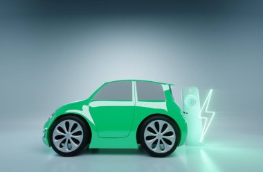 Şarj istasyonundaki elektrikli araba. Elektrikli motor konsepti, elektrikli araba, şarj istasyonu, yeşil teknolojiler, gelecek. Uzayı kopyala, 3 boyutlu görüntüleme, 3 boyutlu resimleme
