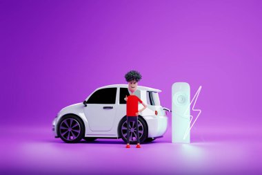 Şarj istasyonunda genç bir adamın olduğu elektrikli bir araba. Elektrikli motor konsepti, elektrikli araba, şarj istasyonu, yeşil teknolojiler, gelecek. Uzayı kopyala, 3 boyutlu görüntüleme, 3 boyutlu resimleme