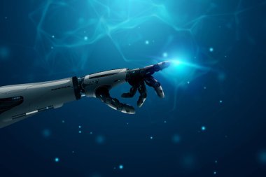 Mavi fütürist arka planda Android robot eli. Gelecek kavramı, bilim kurgu geçmişi, yapay zeka, otomasyon, modern tarz. 3B görüntüleme, 3B resimleme