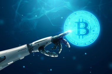 Mavi arka planda robot bir robot eli bitcoin parayı işaret ediyor. Gelecek konsepti, yapay zeka, elektronik para, şifreli para. 3B görüntüleme, 3B resimleme