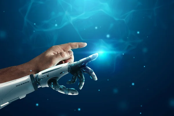 Android Robot Hand Human Hand Blue Background Future Concept Artificial — Fotografia de Stock