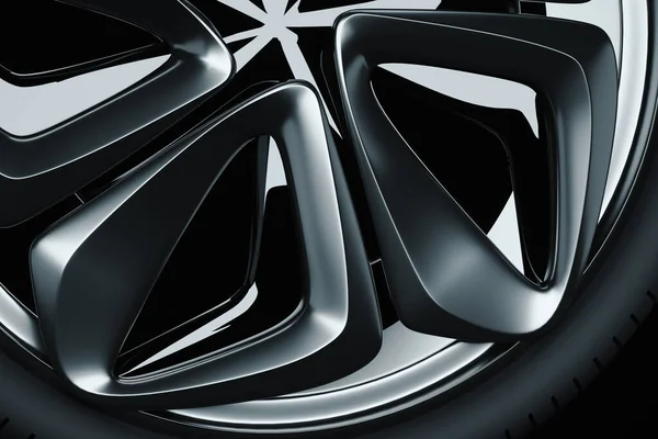 Üç boyutlu bir araba tekerleği, metalik renkli bir disk, siyah arka planda bir araba tekerleği. Lastik servisi, araba servisi, onarım, alım, araba kredisi. 3B illüstrasyon, 3B canlandırma