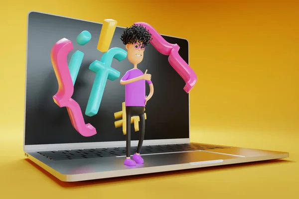 Cartoon Character Elements Programming Code Standing Laptop Programming School Online — Stockfoto