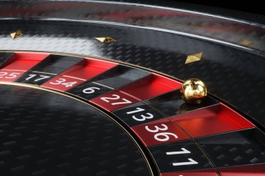 Yaratıcı kumarhane şablonu, siyah arka planda siyah ve altın rulet. Rulet, kumarhane, kumar, bağımlılık, Vegas konsepti. Uzayı kopyala, 3d illüstrasyon, 3d canlandırma