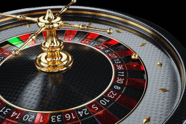 Siyah ve altın rulet yakın plan. Kumarhane konsepti, Vegas, yaratıcı şablon, bağımlılık. 3B illüstrasyon, 3B canlandırma