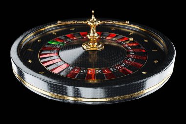 Yaratıcı kumarhane şablonu, siyah arka planda siyah ve altın rulet. Rulet, kumarhane, kumar, bağımlılık, Vegas konsepti. Uzayı kopyala, 3d illüstrasyon, 3d canlandırma