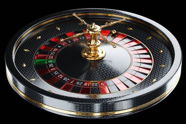 Yaratıcı kumarhane şablonu, siyah arka planda siyah ve altın rulet. Rulet, kumarhane, kumar, bağımlılık, Vegas konsepti. Uzayı kopyala, 3d illüstrasyon, 3d canlandırma