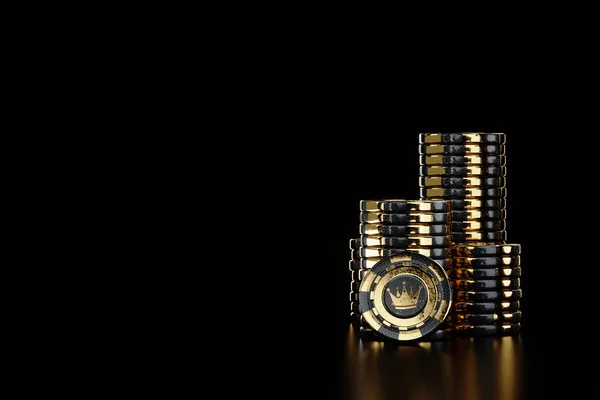 Креативное Казино Искушает Черное Золото Стеллажи Игральных Фишек Изолированы Черном — стоковое фото